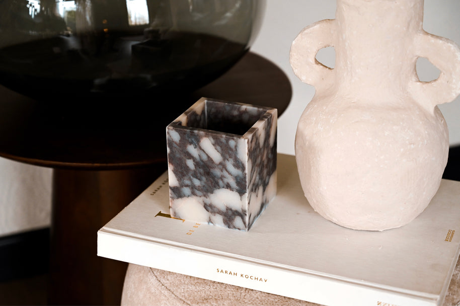 Luxe Vierkante Waxinehouder - Calacatta marmer grijs/wit