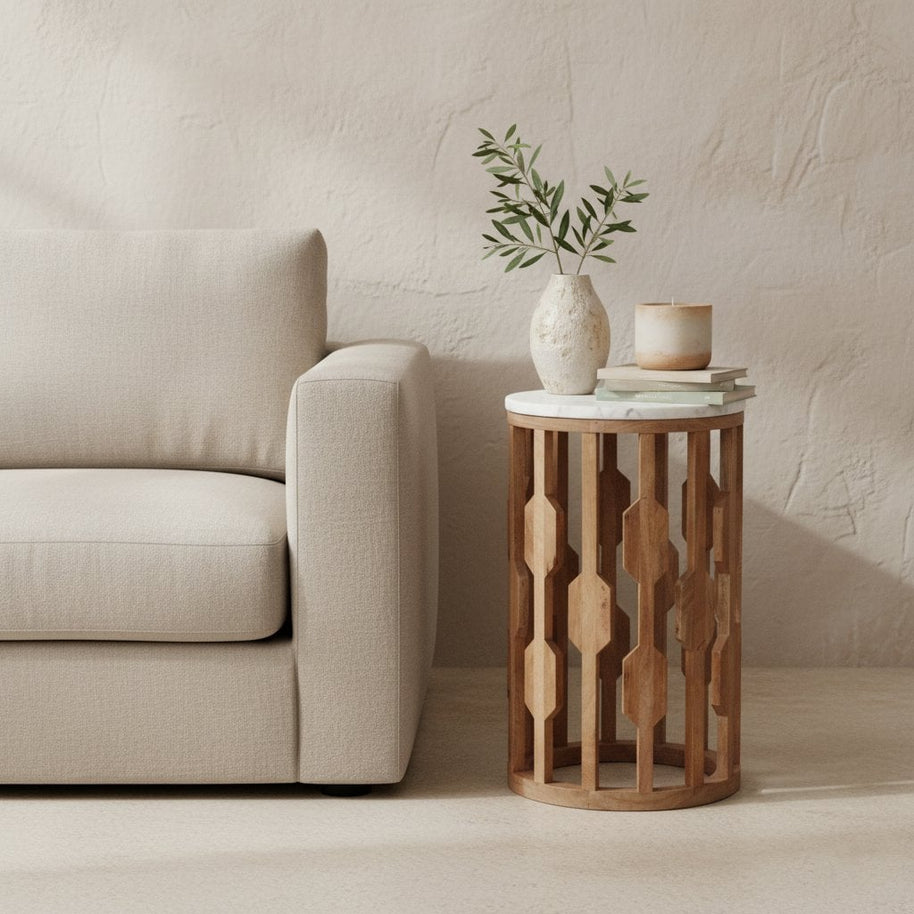 Atjeh bijzettafel marmer wit en mangohout - 40x40x50 cm