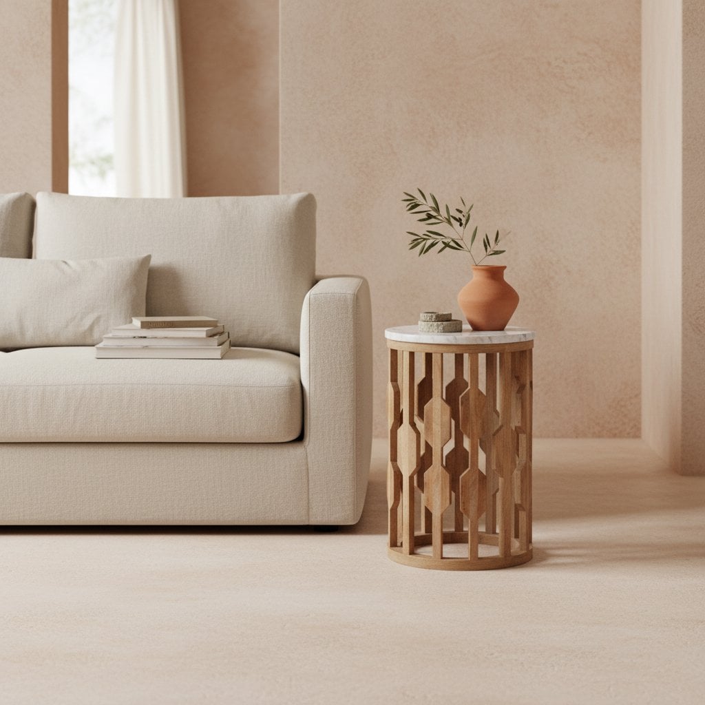 Atjeh bijzettafel marmer wit en mangohout - 40x40x50 cm