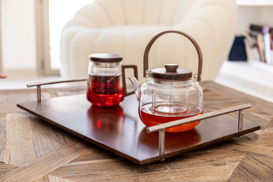 Glazen theepot met houten handvat en deksel 17X14,8X12,5 CM