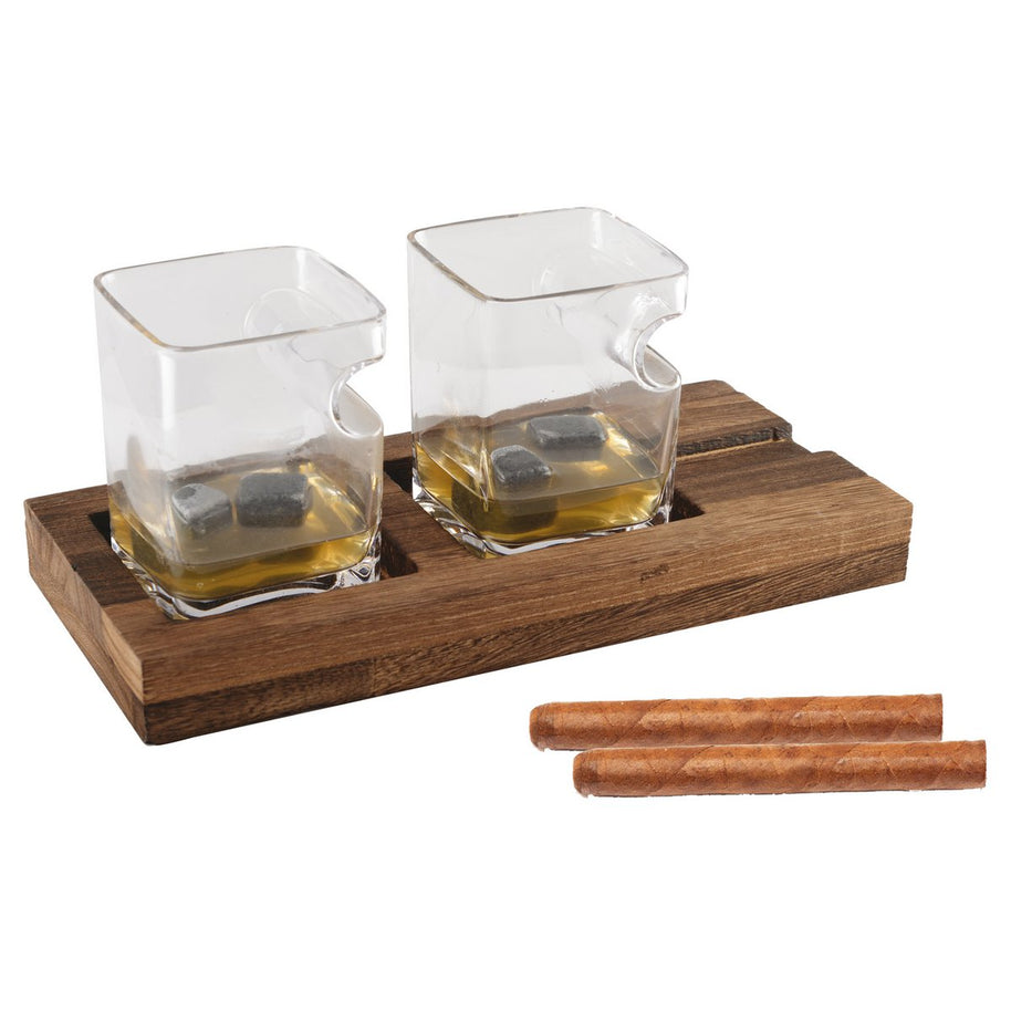 Whiskey glazen set met houten steun inclusief 4 keramische stenen ijsblokjes 
