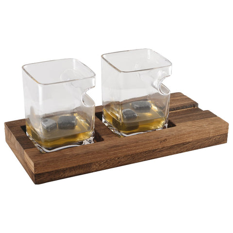 Whiskey glazen set met houten steun inclusief 4 keramische stenen ijsblokjes 